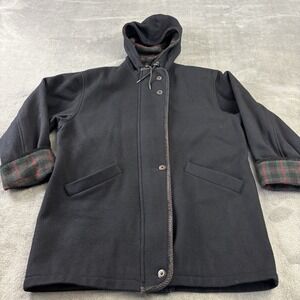 Herman Kay Over Coat Womens 12 Black Wool Blend Hooded Jacket Plaid Trim Vintage